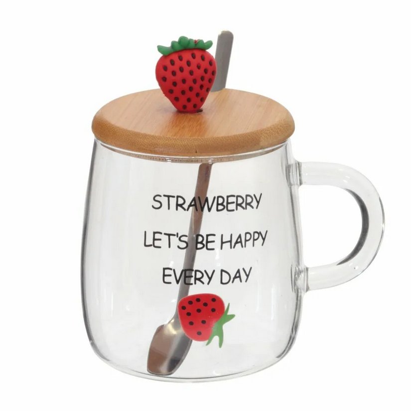 Стъклена чаша с бамбукова поставка "Ягода" 300 мл. - снимка 1