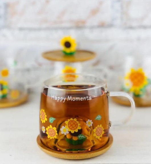 Стъклена чаша с бамбуков капак Слънчоглед 300 мл - снимка 5 Стъклена чаша с бамбуков капак Слънчоглед 300 мл - снимка 5