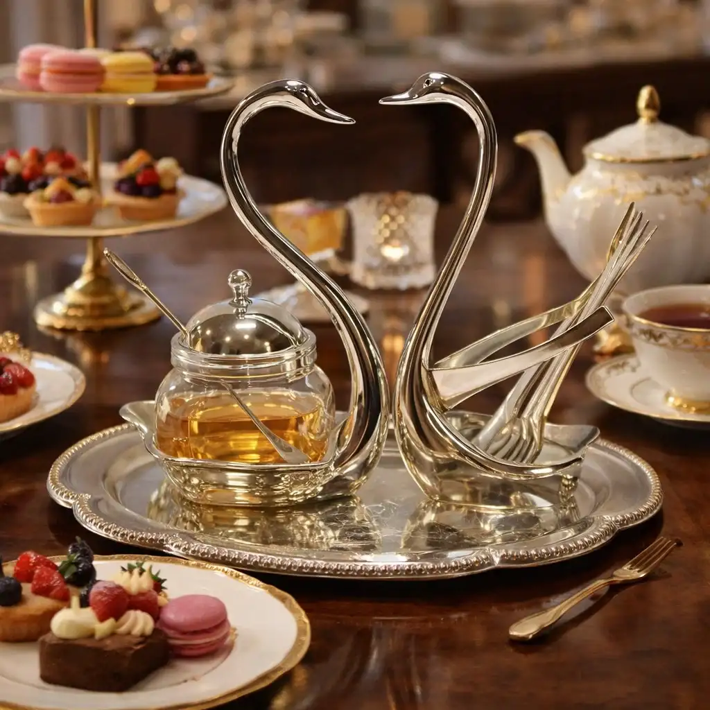 Комплект захарница, лъжички и поднос Лебед сребрист - снимка 1