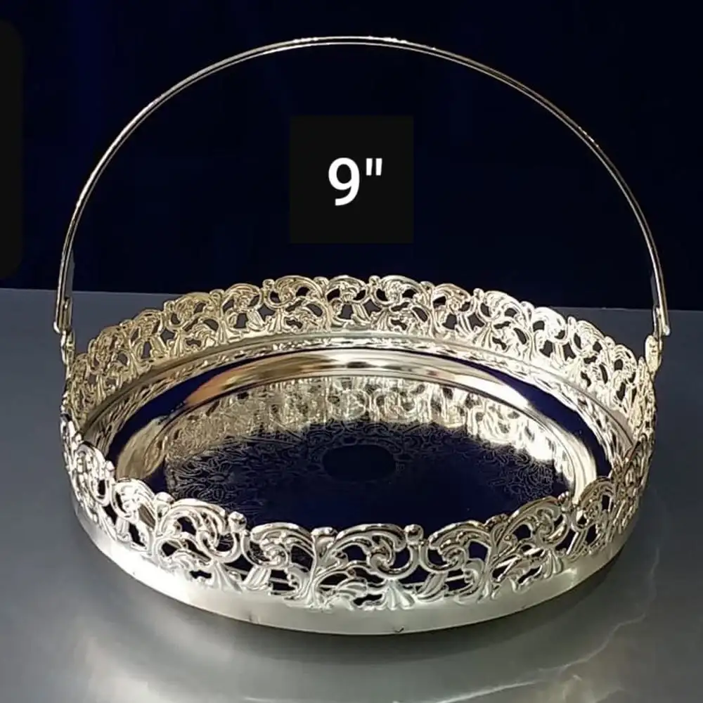 Кръгла сребриста декоративна кошница | С дръжка - снимка 1