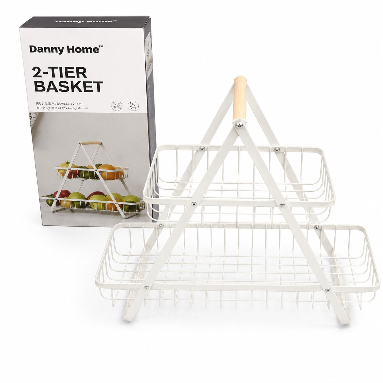 кошница Danny Home НО-365двуетажна 39х18х35см метал.+каучуково дърво бяла - снимка 1