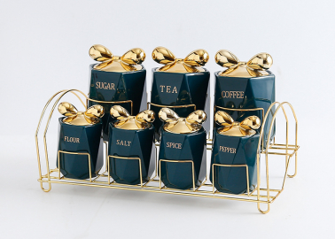 Комплект луксозни порцеланови буркани за подправки, кафе и чай (Зелени)