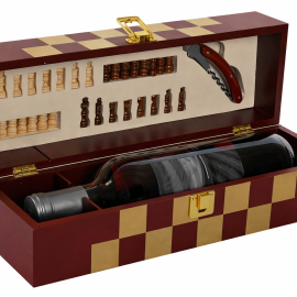 Комплект шах и поставка за вино от дърво – 36x11x12 см, стилен подарък
