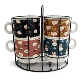 Комплект 4 порцеланови чаши 300 мл с метална стойка