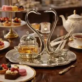 Комплект захарница, лъжички и поднос Лебед сребрист