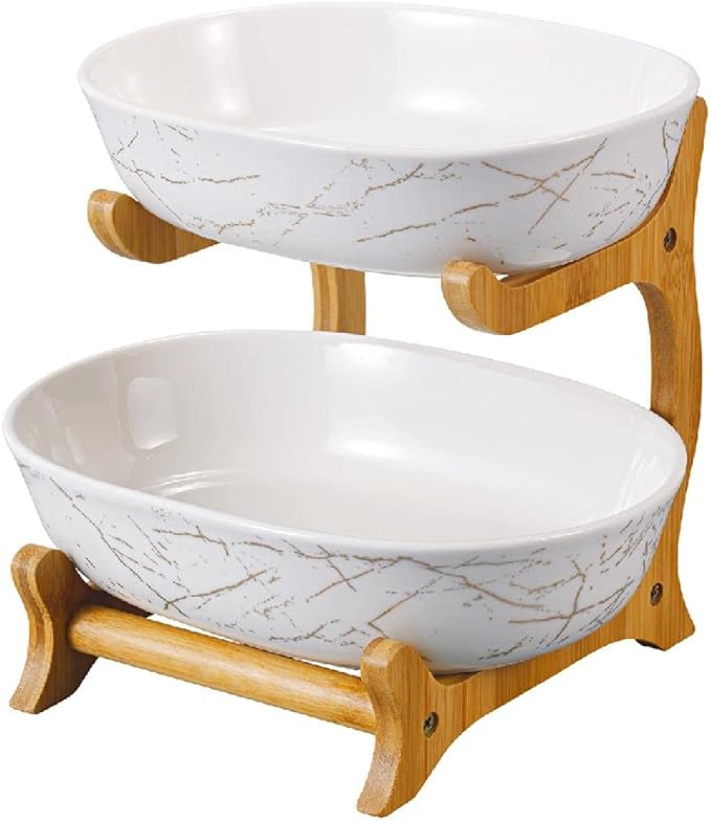 Овален керамичен сервиз 2 нива | С бамбукова стойка | Плодове и десерти