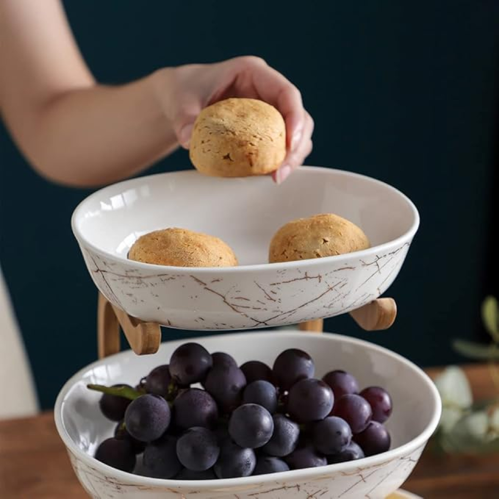 Овален керамичен сервиз 2 нива | С бамбукова стойка | Плодове и десерти