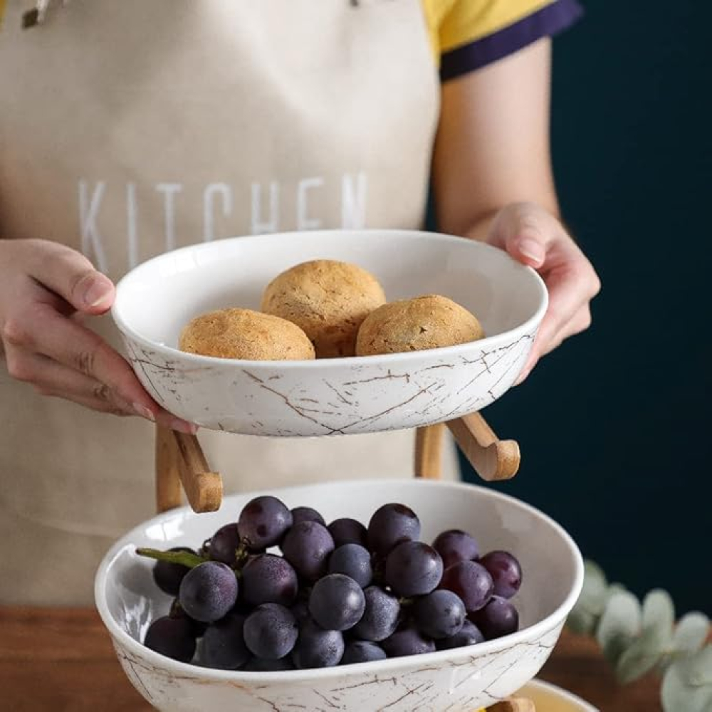 Овален керамичен сервиз 2 нива | С бамбукова стойка | Плодове и десерти