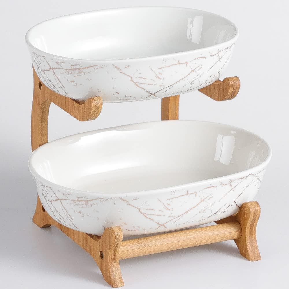 Овален керамичен сервиз 2 нива | С бамбукова стойка | Плодове и десерти