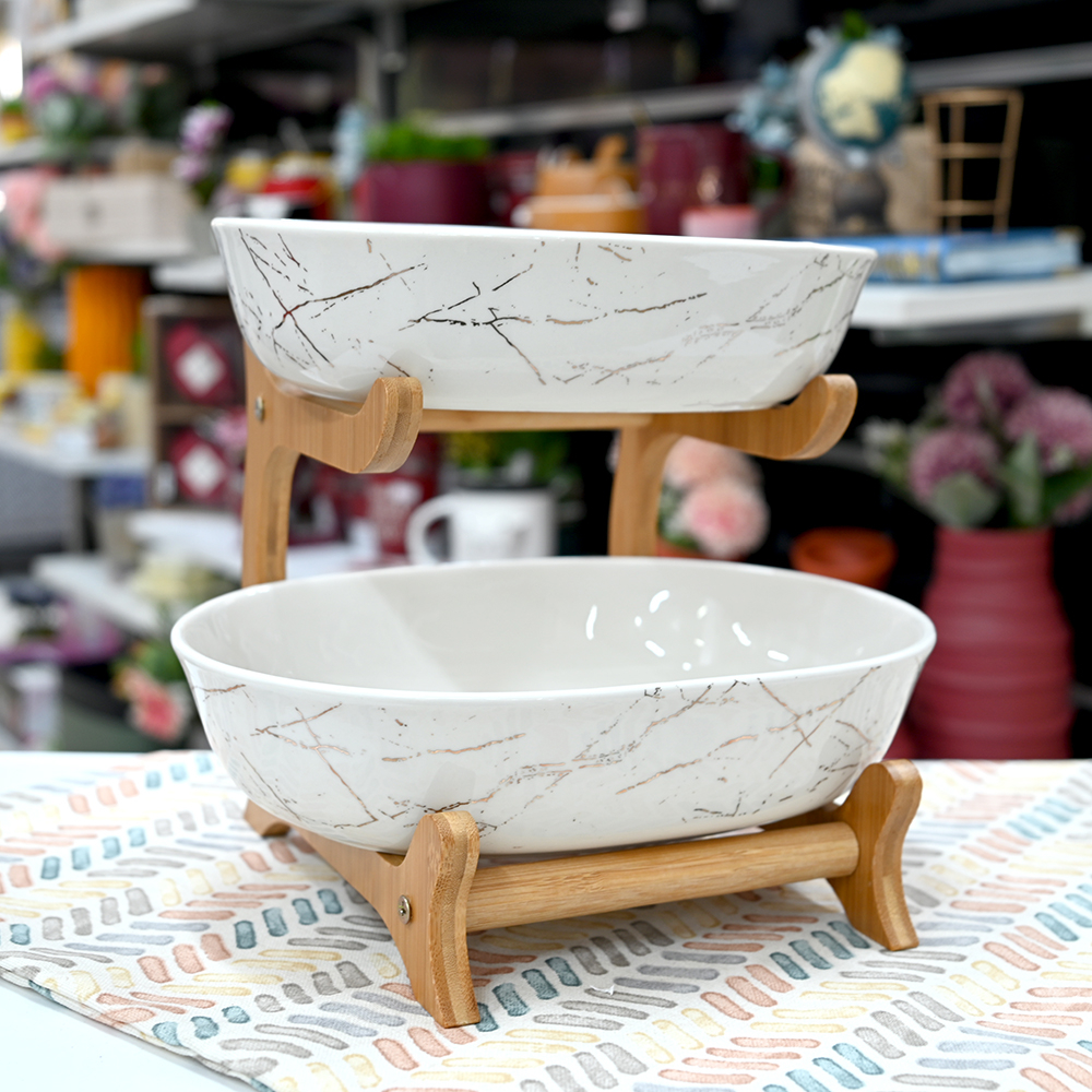 Овален керамичен сервиз 2 нива | С бамбукова стойка | Плодове и десерти