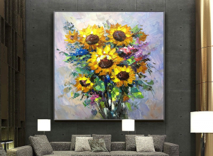 Релефна картина от масло "Букет слънчогледи" 80 х 80 см.